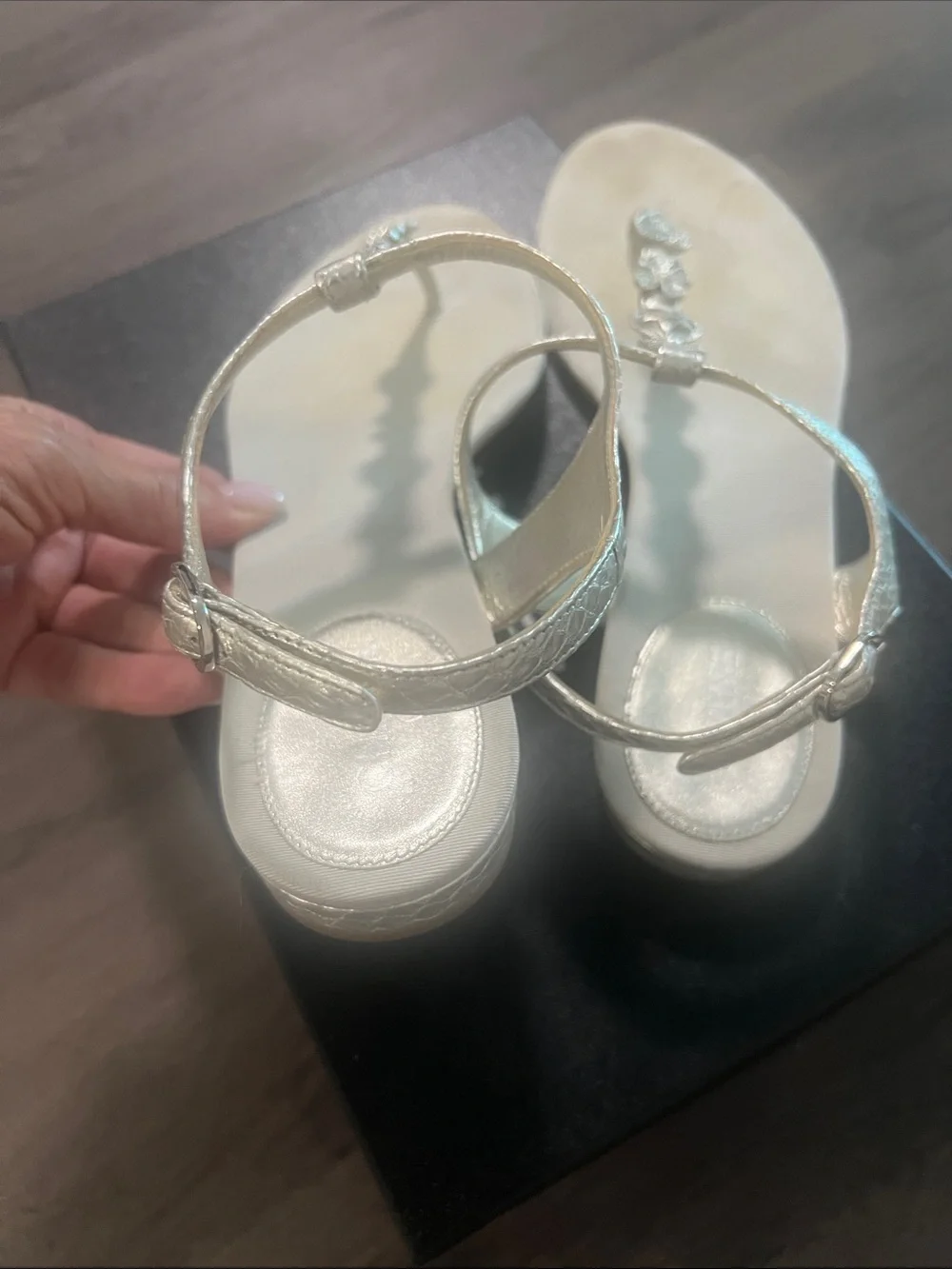CHANEL Silver T-Strap Embellished Sandals